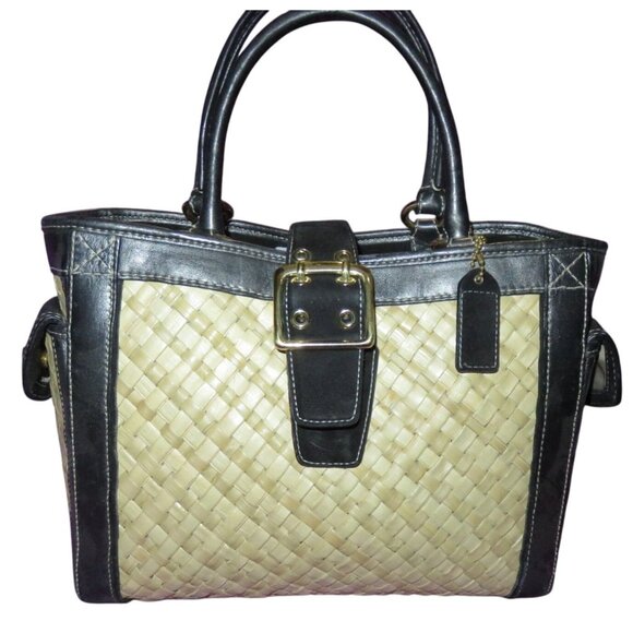 Coach 2004 Limited Edition Straw Raffia & Black Leather Top Handle Tote Satchel - Picture 1 of 13